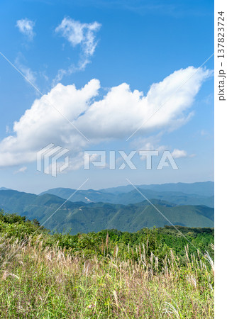 棒ノ折山（棒ノ嶺）山頂から望む秋の青空、湧き上がる白い雲と秩父・奥多摩の山並み 137823724