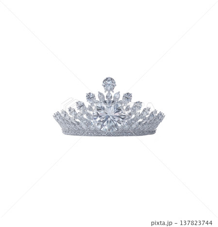 Sparkling diamond tiara with intricate design, featuring large central gemstone surrounded by smaller diamonds, set in silver metal base. elegant piece exudes luxury and sophistication 137823744