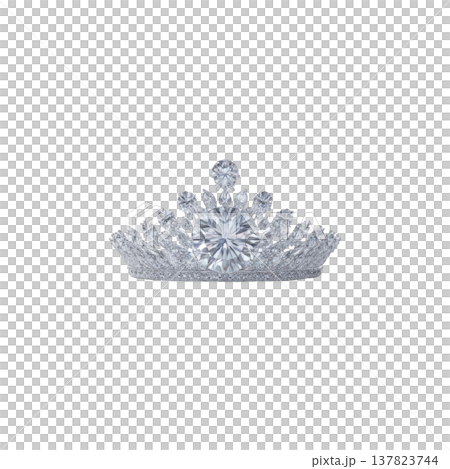 Sparkling diamond tiara with intricate design, featuring large central gemstone surrounded by smaller diamonds, set in silver metal base. elegant piece exudes luxury and sophistication 137823744