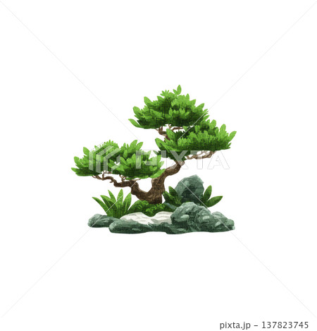 Small, lush bonsai tree with vibrant green leaves sits atop rocky base, surrounded by smaller plants, creating serene and natural scene 137823745