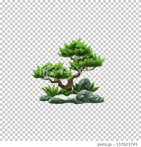 Small, lush bonsai tree with vibrant green leaves sits atop rocky base, surrounded by smaller plants, creating serene and natural scene 137823745