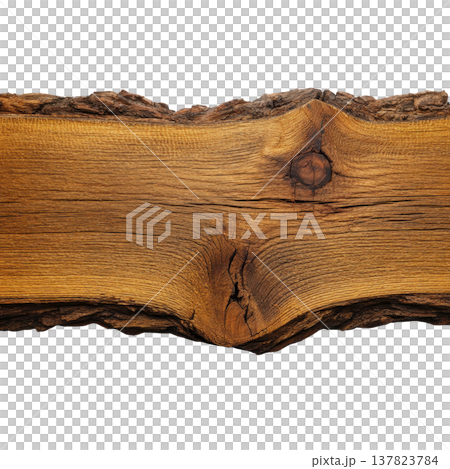 Rustic wooden plank with natural, textured surface and visible grain patterns, showcasing rich brown color and organic edges, perfect for design or decoration 137823784