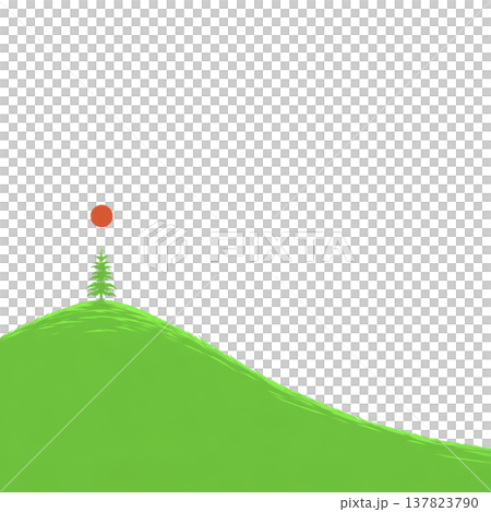 Lone tree stands on vibrant green hill under clear sky with red sun, creating serene and minimalist landscape 137823790