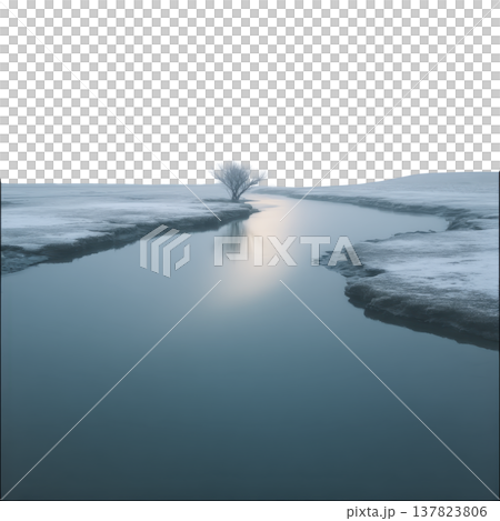 Solitary tree stands by tranquil river, surrounded by snowy landscape under serene sky. calm water reflects soft light, creating peaceful winter scene 137823806