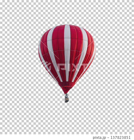 Vibrant red and white striped hot air balloon floats gracefully against clear sky, evoking sense of adventure and freedom. balloon colorful pattern stands out vividly 137823851