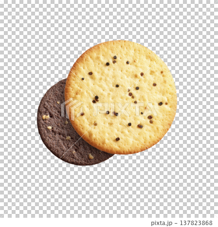 Two round cookies, one chocolate and one vanilla, are stacked with visible chocolate chips on vanilla cookie. image highlights contrast between dark and light cookies 137823868