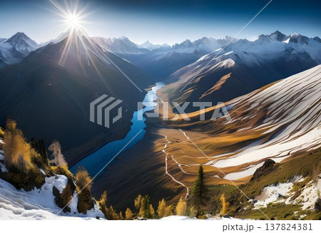 Panoramic View of Mountain Valleys and River Panoramic View of Mountain Valleys and River 137824381