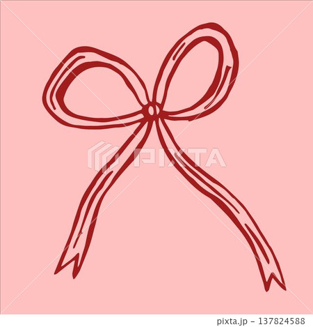A charming vector illustration of a red bow, elegantly displayed against a soft pink background. 137824588