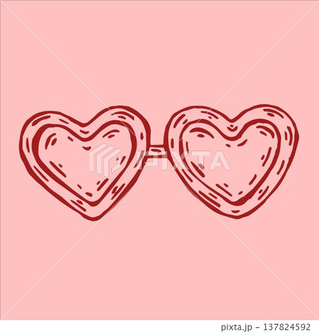 A playful vector illustration of red heart-shaped sunglasses set against a soft pink background. A playful vector illustration of red heart-shaped sunglasses set against a soft pink background. 137824592