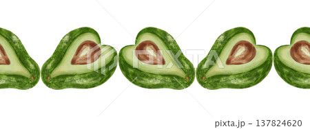 Watercolor illustration of a seamless avocado border with slices and leaves. Suitable for stores, cafes, packaging, menus, and products related to cooking, skincare, and health 137824620
