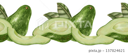 Watercolor illustration of a seamless avocado border with slices and leaves. Suitable for stores, cafes, packaging, menus, and products related to cooking, skincare, and health 137824621