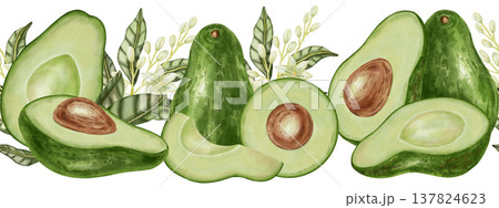 Watercolor illustration of a seamless avocado border with slices and leaves. Suitable for stores, cafes, packaging, menus, and products related to cooking, skincare, and health 137824623