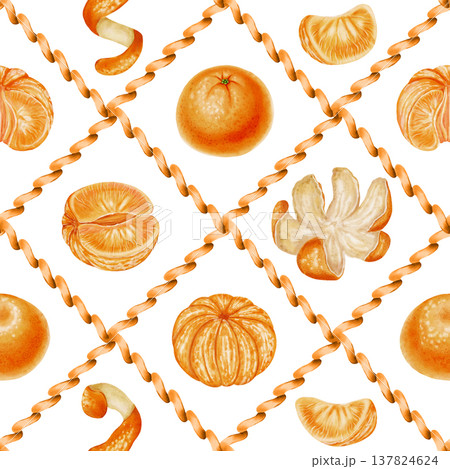 Seamless watercolor pattern with mandarins and orange ribbons forming a geometric trellis. Citrus ornament for kitchen decor and stationery, textiles, wallpaper, winter holiday designs, packaging Seamless watercolor pattern with mandarins and orange ribbons forming a geometric trellis. Citrus ornament for kitchen decor and stationery, textiles, wallpaper, winter holiday designs, packaging 137824624