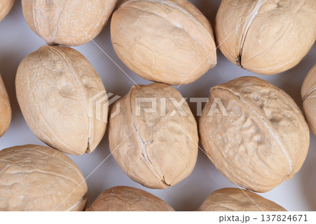 Healthy walnuts in shells suggesting snack and energy boost, neutral backdrop highlights wholesome protein source ideal for fitness, diet and mindful eating visuals Healthy walnuts in shells suggesting snack and energy boost, neutral backdrop highlights wholesome protein source ideal for fitness, diet and mindful eating visuals 137824671