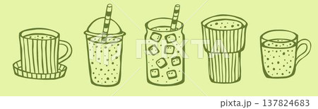 A vector illustration showcasing a collection of cups and mugs filled with matcha tea against a vibrant green background. A vector illustration showcasing a collection of cups and mugs filled with matcha tea against a vibrant green background. 137824683