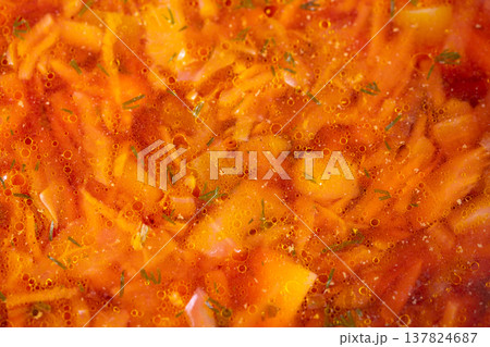 Healthful veggie soup. Rich vegetable drink for health. Nutritious and vibrant vegetable beef stew. Wholesome hot dish combining vibrant vegetables and herbal accents for immunity 137824687