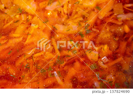 Homestyle Eastern Borscht. Family Recipe with Beets and Cabbage. Rustic Soup with Potatoes and Dill Flavor. Hearty Vegetable Stew Passed Down Through Generations in Families Homestyle Eastern Borscht. Family Recipe with Beets and Cabbage. Rustic Soup with Potatoes and Dill Flavor. Hearty Vegetable Stew Passed Down Through Generations in Families 137824690