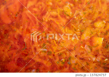 Homemade borscht soup slow cooked, caramelized onions and tender vegetables melded in earthy beet broth, rustic pot evidence of family recipe and evening kitchen ritual Homemade borscht soup slow cooked, caramelized onions and tender vegetables melded in earthy beet broth, rustic pot evidence of family recipe and evening kitchen ritual 137824737