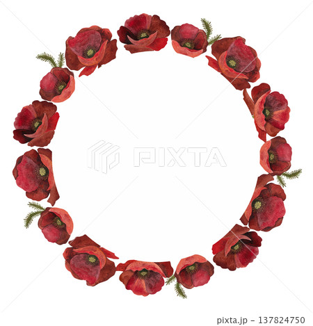 A watercolor circular frame of red poppy flowers with green foliage on a white background 137824750