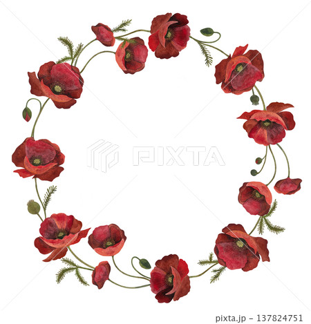 A watercolor circular frame of red poppy flowers with green foliage on a white background A watercolor circular frame of red poppy flowers with green foliage on a white background 137824751