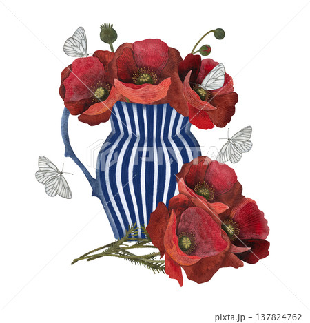 A watercolor illustration of red poppies in a striped vase, surrounded by white butterflies on a white background. 137824762