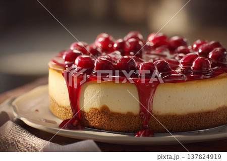 Cheesecake Delights With Cherry Topping Swaying Gently on a Sunlit Table Generative AI 137824919