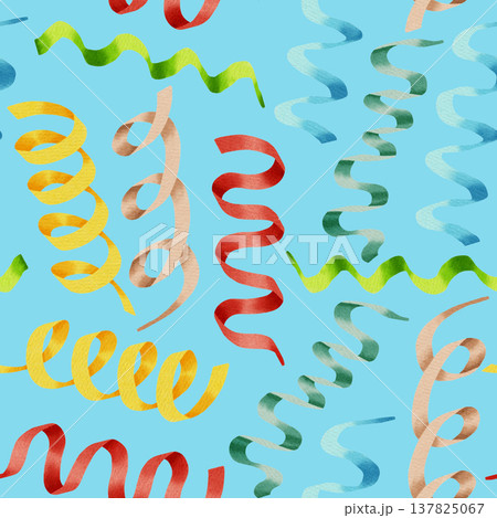 Vibrant watercolor seamless pattern of colorful curly ribbons and paper streamers. Hand-painted festive serpentine background for holiday greeting cards, birthday parties, children's clothing textiles Vibrant watercolor seamless pattern of colorful curly ribbons and paper streamers. Hand-painted festive serpentine background for holiday greeting cards, birthday parties, children's clothing textiles 137825067