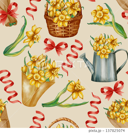 Seamless watercolor pattern with yellow daffodils in baskets, watering cans, paper bouquets with red ribbons. Cozy spring gardening and Easter holiday concept, textiles, packaging, cards, invitations Seamless watercolor pattern with yellow daffodils in baskets, watering cans, paper bouquets with red ribbons. Cozy spring gardening and Easter holiday concept, textiles, packaging, cards, invitations 137825074