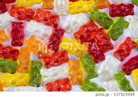 Premium style gummy bears with vibrant colors showcased. Sophisticated gourmet gummy bear images emphasizing vivid hues and polished presentation for culinary publications Premium style gummy bears with vibrant colors showcased. Sophisticated gourmet gummy bear images emphasizing vivid hues and polished presentation for culinary publications 137825094