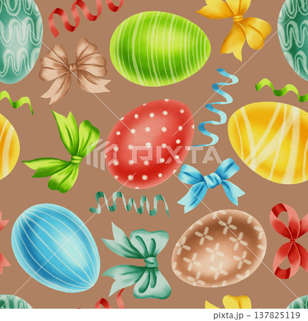 A seamless watercolor pattern with colorful Easter eggs, festive ribbons, and bows. A festive backdrop for spring celebrations, gift wrapping, and textiles. 137825119