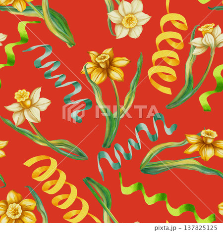 Seamless watercolor pattern with daffodils and festive curly ribbons. Hand drawn spring floral background for Easter holidays and party decor. Perfect for textiles, packaging, cards, and invitations. Seamless watercolor pattern with daffodils and festive curly ribbons. Hand drawn spring floral background for Easter holidays and party decor. Perfect for textiles, packaging, cards, and invitations. 137825125