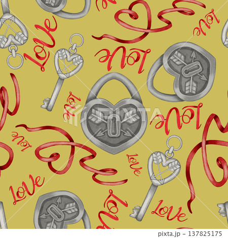 Watercolor seamless pattern with heart locks, keys and love lettering. Perfect for Valentine's Day designs, gift wrap, packaging, stationery, cafes, shops, menus and romantic branding. Watercolor seamless pattern with heart locks, keys and love lettering. Perfect for Valentine's Day designs, gift wrap, packaging, stationery, cafes, shops, menus and romantic branding. 137825175