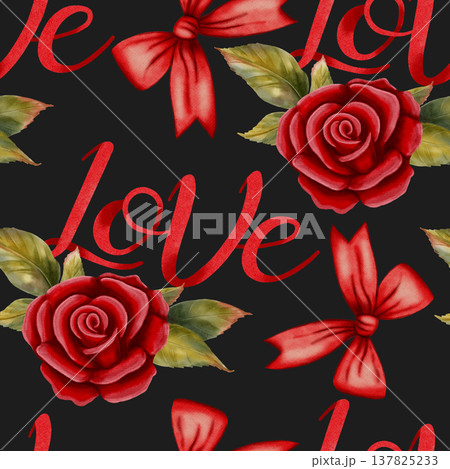 Charming watercolor seamless pattern with roses, silk bows, and Love lettering. Ideal for Valentine's Day, romantic cards, packaging, wrapping paper, party decor, cafes, shops and festive menus Charming watercolor seamless pattern with roses, silk bows, and Love lettering. Ideal for Valentine's Day, romantic cards, packaging, wrapping paper, party decor, cafes, shops and festive menus 137825233