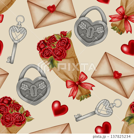 Watercolor seamless pattern with rose bouquets, love letters, and heart-shaped locks. Ideal for Valentine's Day, romantic cards, packaging, wrapping paper, party decor, cafes, shops and festive menu 137825234