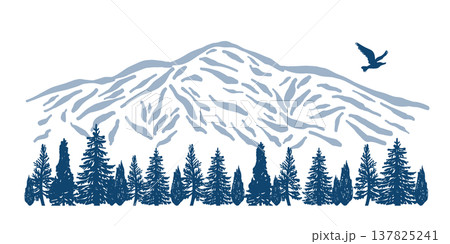 至仏山／尾瀬国立公園　山のシルエット、鳥、森林。 137825241