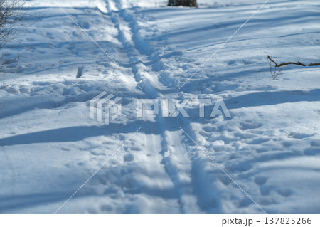 Snow with shadowed icy grooves. Parallel ski tracks on reflective icy surface. Distinct shadowed lines and shining reflections highlight ski marks on icy snow surface Snow with shadowed icy grooves. Parallel ski tracks on reflective icy surface. Distinct shadowed lines and shining reflections highlight ski marks on icy snow surface 137825266