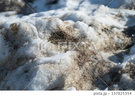 Ground thaws with scattered patches. Frosted ground starts revealing earth beneath. Seasonal thaw reveals patches of exposed soil amid residual ice and patches of greenery Ground thaws with scattered patches. Frosted ground starts revealing earth beneath. Seasonal thaw reveals patches of exposed soil amid residual ice and patches of greenery 137825354
