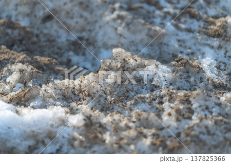 Snow melting contaminates roadside runoff. Roadside snow turns into polluted runoff containing sediment. Melting snow along roadside introduces sediment and oil into water flow Snow melting contaminates roadside runoff. Roadside snow turns into polluted runoff containing sediment. Melting snow along roadside introduces sediment and oil into water flow 137825366