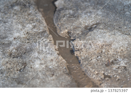Exposed dirty ice fissures revealing drainage paths. Analysis of melting cracks exposing contaminated ice and subtle water drainage routes in changing climate conditions 137825397