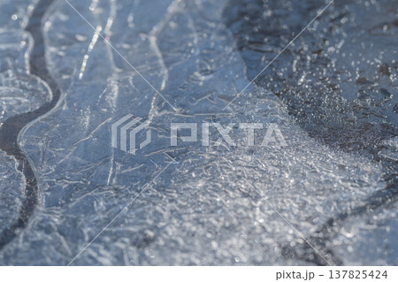 Melting ice patterns. Spring ice exhibits flowing textures. Ice thaws in spring revealing elegant flow. Melting snow showcases gentle flowing designs and shiny surfaces Melting ice patterns. Spring ice exhibits flowing textures. Ice thaws in spring revealing elegant flow. Melting snow showcases gentle flowing designs and shiny surfaces 137825424