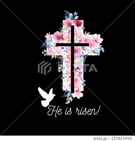 Religious cross with watercolor flowers flowers . Hand drawn. Not AI, vector illustration. He is risen Hand drawn. Not AI, vector illustration 137825450