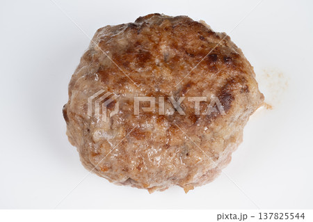 Thawed cutlet photographed flat on white background with visible moisture and light sheen, productfocused composition ideal for packaging mockups and ecommerce listings 137825544
