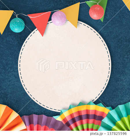 Mexican background with festive paper fans, bunting flags, and central empty space 137825596