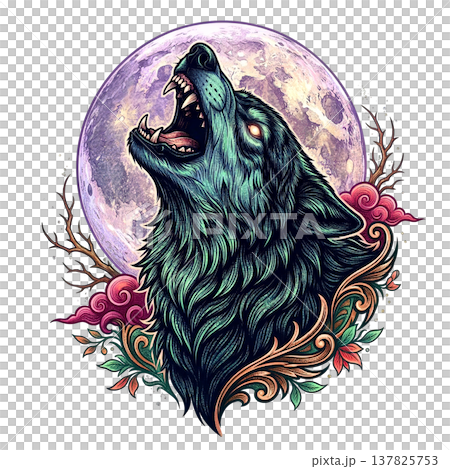 Stylized illustration of a fierce wolf howling at a large purple moon, framed by elegant floral ornaments, isolated on transparent background. Stylized illustration of a fierce wolf howling at a large purple moon, framed by elegant floral ornaments, isolated on transparent background. 137825753