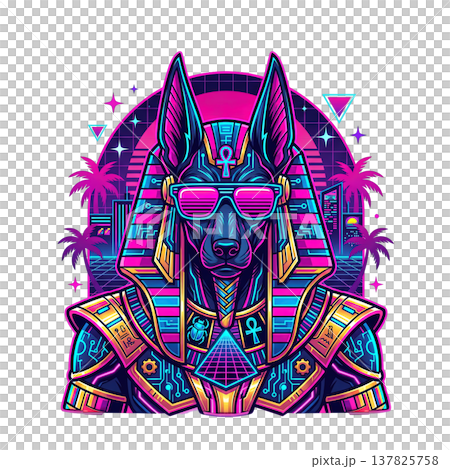 Retro-futuristic Anubis illustration in synthwave style, wearing cool sunglasses with neon pink and blue colors and geometric patterns. on transparent background. 137825758