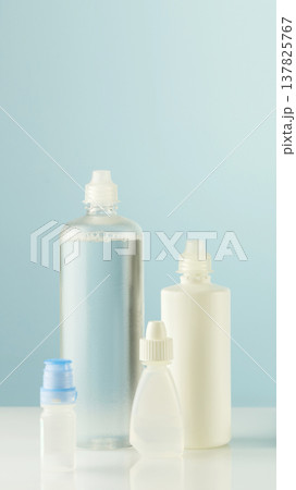 Minimal Cosmetic Bottle Set In Soft Blue Tones On Clean Background 137825767