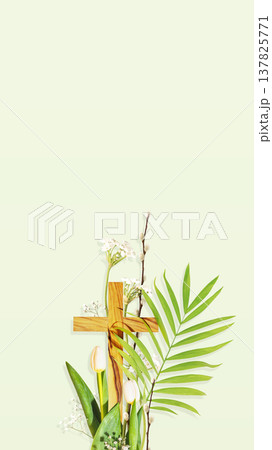 Christian cross with palm leaf, and spring flowers on soft green background Christian cross with palm leaf, and spring flowers on soft green background 137825771