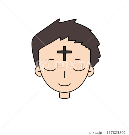 Cartoon head with closed eyes and a cross on forehead 137825802