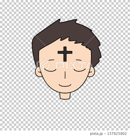 Cartoon head with closed eyes and a cross on forehead 137825802
