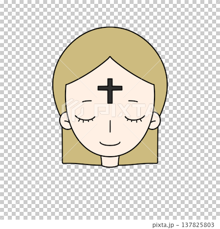 Cartoon woman with closed eyes and a cross on her forehead 137825803